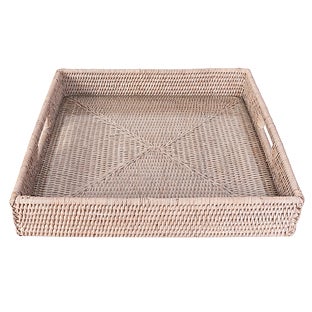 Artifacts Trading Company Artifacts Rattan Square Serving Ottoman Trays with Glass Insert - Honey brown